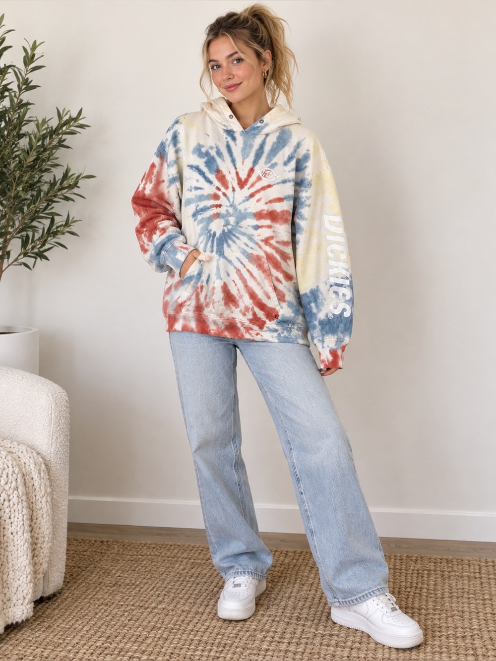 Dickies Size S Tie Dye Logo Hoodie Blue Rust Cream 100% Cotton Y2K